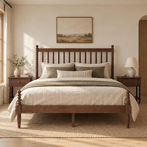 May include: A dark brown wooden bed frame featuring a tall headboard and footboard with vertical spindle posts. The bed is dressed in a light beige duvet, two olive green rectangular pillows, and a central striped lumbar pillow.
