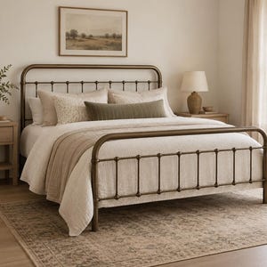 May include: A metal bed frame with a bronze finish, featuring a rounded headboard and footboard with vertical spindles. The bed is dressed in a cream-colored quilt, several beige pillows, and a long, narrow olive green lumbar pillow.