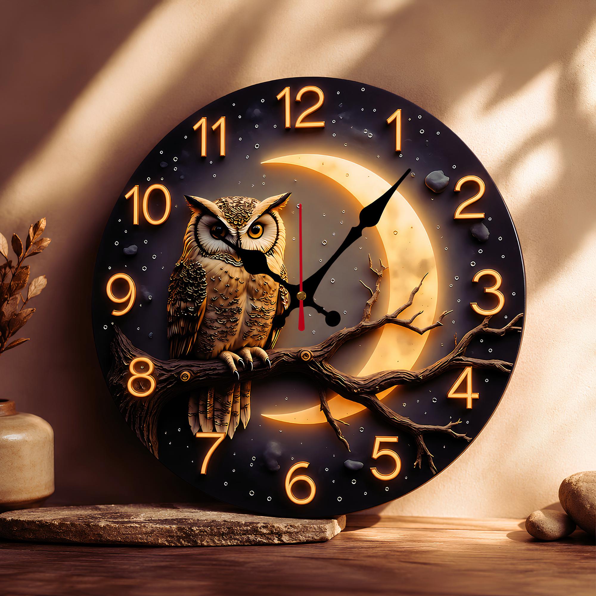 Owl Wall Clock Crescent Moon Silent Quartz Clock Night Sky Bird Wall Art Whimsical Rustic Home Decor