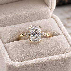 May include: A gold ring featuring a large rectangular radiant-cut centre stone held by four prongs, flanked by three small round accent stones on each side of the band, presented inside a beige velvet-lined jewellery box.