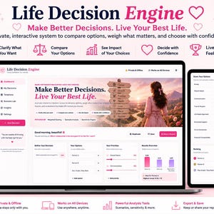 May include: A digital interface titled Life Decision Engine displayed on a smartphone, laptop, and tablet. The screen shows a dashboard for comparing life choices with charts, text, and a signpost graphic. The color palette is white, pink, and dark gray.