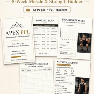 May include: A digital workout program titled APEX PPL 8-Week Muscle & Strength Builder. The set includes multiple pages featuring a workout plan, progress tracker, workout log sheet, and nutrition guide with tables, charts, and exercise photos.