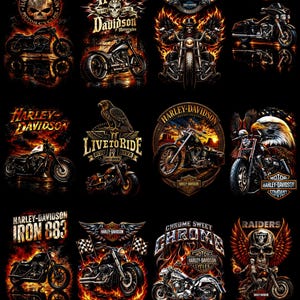 Könnte beinhalten: Eine Sammlung von zwölf Grafikdesigns mit Harley-Davidson-Motorrädern, Totenköpfen, Adlern und Flammen. Jedes Design enthält Texte wie Harley-Davidson, Live to Ride, Iron 883, Chrome Sweet Chrome und Raiders vor einem schwarzen Hintergrund.