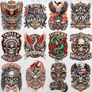 May include: A collection of twelve graphic patches featuring skulls, eagles, snakes, and motorcycles. Designs include Harley-Davidson branding, AC/DC text, American flags, flames, and roses. Each emblem is detailed with intricate line work and vibrant colours.