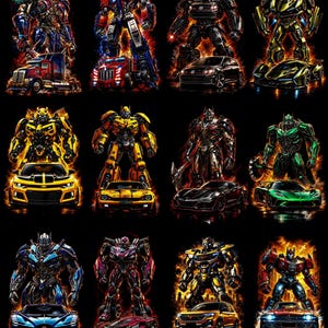 May include: A collection of twelve Transformers characters depicted as robotic figures standing above their corresponding vehicle forms, including trucks, sports cars, and SUVs, all surrounded by fiery orange and red energy effects on a black background.