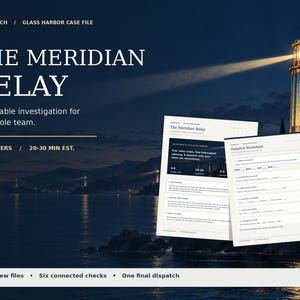 Puede incluir: Un juego de investigación imprimible titulado The Meridian Relay, que consta de dos documentos de papel blanco con texto en negro, incluida una hoja de trabajo de despacho, sobre un fondo nocturno azul con un faro.