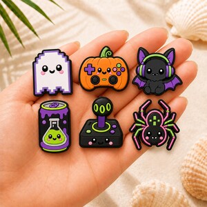 Spooky Gamer Shoe Charms Set of 6 |  Halloween Gaming Clog Pins | Pumpkin Controller Pixel Ghost Bat Joystick PVC Charms for Clogs