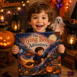 May include: A hardcover children's book titled The Flying Broom Adventure, featuring an illustration of a child riding a broomstick with a black cat against a night sky, with a full moon, a spooky castle, and orange pumpkins in the foreground.