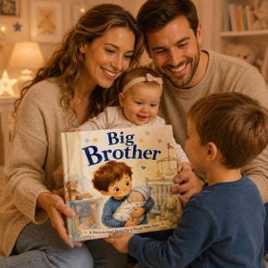 Peut inclure: Un livre pour enfants à couverture rigide intitulé Big Brother avec une illustration d'un jeune garçon tenant un nouveau-né. La couverture présente des couleurs pastel douces, des petites étoiles et des cœurs, avec le texte A Personalized Story for a Proud New Role.