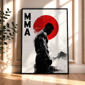 Puede incluir: Un póster vertical enmarcado que presenta la silueta negra de un luchador con guantes de boxeo sobre un fondo blanco con un gran círculo rojo. El texto MMA está impreso en letras negras grandes en el lado izquierdo, junto a bloques de texto.