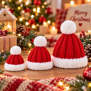 May include: Three red and white crocheted hats of varying sizes, each featuring a ribbed texture, a thick white brim, and a large white pom-pom on top. The hats are arranged in a row, showcasing a consistent design across all three items.