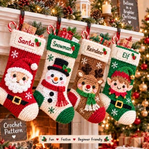May include: Four crocheted Christmas stockings hanging in a row, featuring Santa, a snowman, a reindeer, and an elf. Each stocking has a white cuff with a name tag, a textured body with snowflake patterns, and a small gift box tucked inside the top.