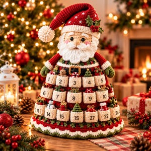 May include: A crocheted Santa Claus advent calendar featuring a red hat with a white pom-pom, a white beard, and a green dress base. The dress includes twenty-four small cream-colored pockets, each embroidered with a number and containing a tiny toy.