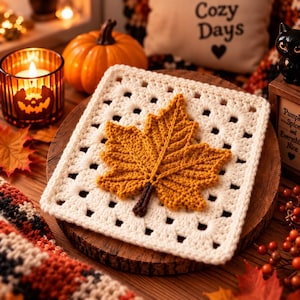 May include: A square off-white crochet granny square featuring a textured, three-dimensional mustard yellow maple leaf appliqué in the centre with a dark brown stem, showcasing intricate yarn stitching and a classic openwork geometric pattern.