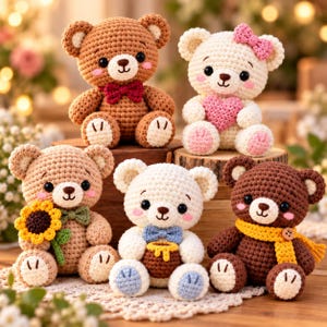 May include: Five crocheted teddy bears in various colours. One brown bear with a red bow tie, a cream bear with a pink heart and bow, a light brown bear with a sunflower, a white bear with a blue bow and honey pot, and a dark brown bear with a yellow scarf.