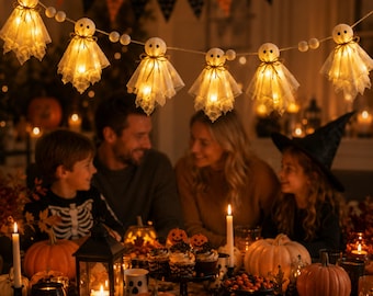Halloween Ghost String Lights, Spooky Garden & Window Decor, Warm White Hanging Garland, Halloween Party Decoration