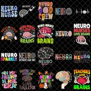 以下が含まれることがあります： 脳のイラスト、骸骨の手、Neuro Nurse、Neuro Boo Crew、Neuro Squad、Neuro Nurses Love Brainsなどのテキストが描かれた20種類のデジタルグラフィックデザインのコレクションで、カラフルでレトロなフォントで構成されています。
