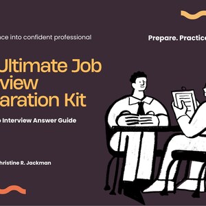 Może przedstawiać: Ciemnofioletowa grafika cyfrowa zatytułowana The Ultimate Job Interview Preparation Kit z podtytułem Practical Job Interview Answer Guide. Zawiera czarno-białą ilustrację przedstawiającą dwie osoby siedzące przy stole.