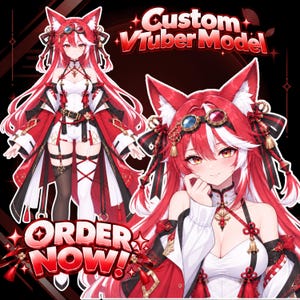 Könnte beinhalten: Eine digitale Illustration einer Figur mit Fuchsohren, langem rot-weißem Haar, einer Schutzbrille, einem weißen Body und rot-schwarzer Kleidung. Das Bild enthält den Text Custom VTuber Model und ORDER NOW in roter Schrift.