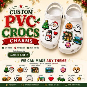 May include: Two white clogs decorated with various colorful PVC charms including a Christmas tree, Santa, snowman, pumpkin, ghost, family portrait, flower, and mountain scene. Text reads CUSTOM PVC CROCS CHARMS and 3 cm ≈ 1.18 in.