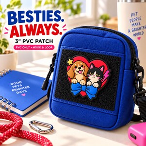Écusson PVC pour chien et chat de 7,6 cm, motif cœur « Meilleures amies » avec fermeture auto-agrippante, badge amusant « Chat grincheux et chiot joyeux » pour harnais, sac à dos ou veste pour animaux