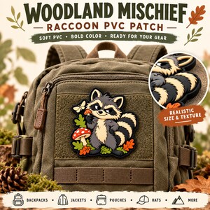 Patch de PVC de guaxinim da floresta de 7,6 cm, patch moral de cogumelo de guaxinim do lixo, emblema tático com velcro para mochila, jaqueta e equipamento de camping.