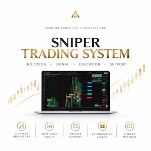 Könnte beinhalten: Ein Laptop zeigt einen Finanzhandelschart mit Candlestick-Mustern. Der Text lautet SNIPER TRADING SYSTEM, TRADING TOOLS FOR A SMARTER YOU, INDICATOR + SIGNAL + EDUCATION + SUPPORT, 2 SNIPER INDICATORS, VIP SIGNAL GROUP, PRIVATE SUPPORT, 65 EDUCATION VIDEOS, E-BOOK MATERIAL.