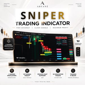May include: A digital display showing the Sniper Trading Indicator on a TradingView chart with red and green candlestick patterns, sell signals, and data panels. The graphic includes text labels for 2 sniper indicators, winrate 80%, and trading features.