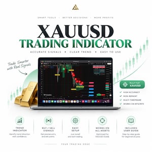 May include: A laptop displaying a financial trading chart with the text XAUUSD TRADING INDICATOR, Trade Smarter with Real Signals, and BUILT FOR XAUUSD. Gold bars are positioned to the left, and green candlestick chart icons appear in the background.