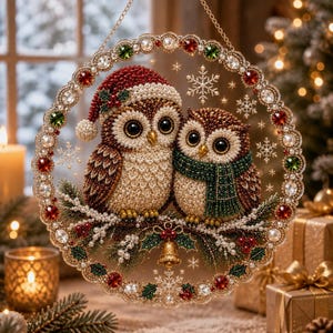 May include: A circular Christmas ornament featuring two beaded owls perched on a branch. One owl wears a red Santa hat, the other a green scarf. The frame is decorated with red and green crystals, pearls, snowflakes, and a small gold bell.