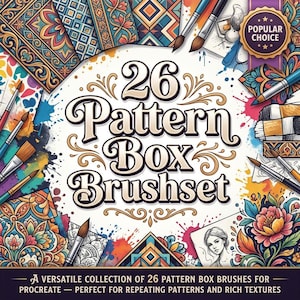 Puede incluir: Un gráfico de producto digital titulado 26 Pattern Box Brushset que presenta varios patrones geométricos y florales coloridos, pinceles y salpicaduras de acuarela. Una insignia dorada dice Popular Choice. El texto inferior dice A VERSATILE COLLECTION OF 26 PATTERN BOX BRUSHES FOR PROCREATE — PERFECT FOR REPEATING PATTERNS AND RICH TEXTURES.