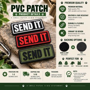 May include: Three rectangular PVC patches featuring the text SEND IT in raised lettering. The top patch is black with white text, the middle is black with red text, and the bottom is olive green with black text. Each patch has a thick border.