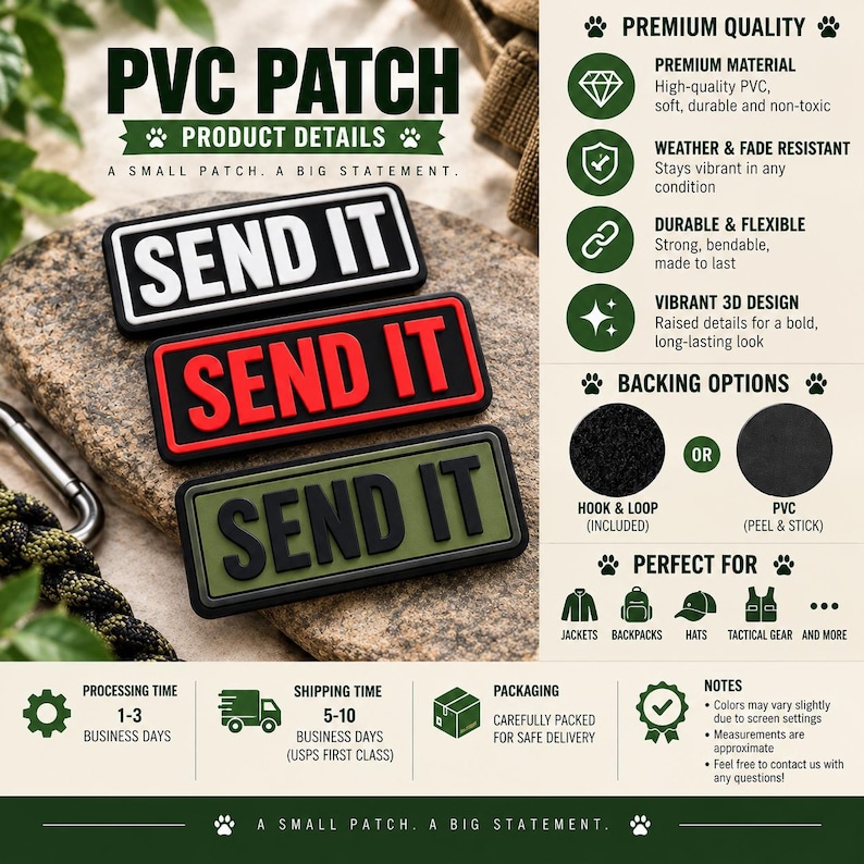 May include: Three rectangular PVC patches featuring the text SEND IT in raised lettering. The top patch is black with white text, the middle is black with red text, and the bottom is olive green with black text. Each patch has a thick border.