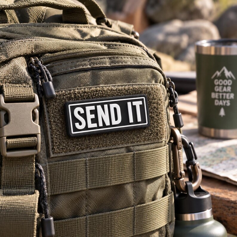 May include: An olive green tactical backpack featuring a rectangular black patch with the white text SEND IT. The backpack includes a plastic buckle, webbing straps, and a metal carabiner. A green tumbler with the text GOOD GEAR BETTER DAYS is visible.
