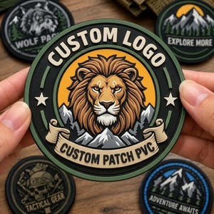 May include: A circular PVC patch featuring a central lion head illustration against a yellow and black background. The text CUSTOM LOGO and CUSTOM PATCH PVC is embossed on the border. Two white stars flank the lion, which is set above mountain peaks.