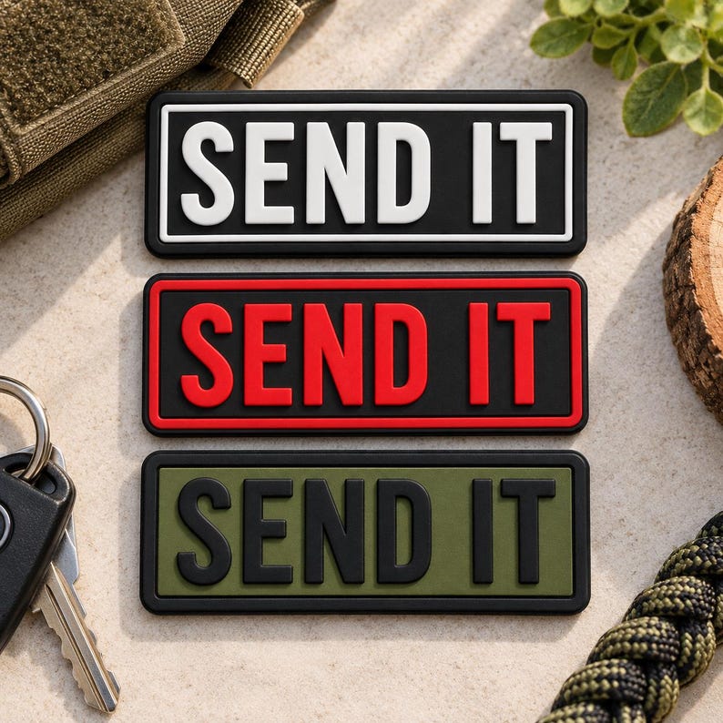 May include: Three rectangular morale patches featuring the text SEND IT in raised lettering. The top patch is black with white text, the middle is black with red text, and the bottom is olive green with black text, all with a black border.