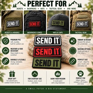 May include: Three rectangular PVC patches featuring the text SEND IT in raised lettering. The top patch is black with white text, the middle is black with red text, and the bottom is olive green with black text. Each patch measures 3 inches in width.