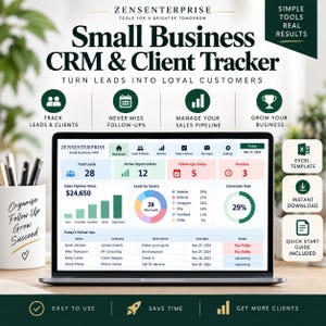 Könnte beinhalten: Ein Laptop-Bildschirm mit dem Zensenterprise Small Business CRM and Client Tracker Dashboard. Die Benutzeroberfläche zeigt Datenvisualisierungen, darunter ein Balkendiagramm, ein Ringdiagramm und eine Tabelle mit Kunden-Follow-ups.