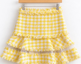 MSGM Designer Yellow & White Tweed Ruffle Mini Skirt – Made in Italy Size 12