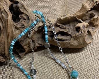 Silver double layered beaded turquoise necklace