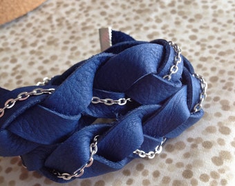 Leather wrap bracelet braided royal blue and silver