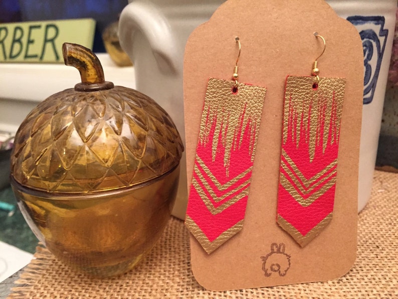 Red Leather Earrings Gold Accents Etsy