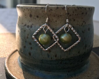 Silver and green pearl earrings