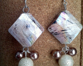 Dangle Earrings - Metallic swirl and pearl beads