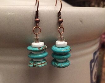 Turquoise, white and copper earrings
