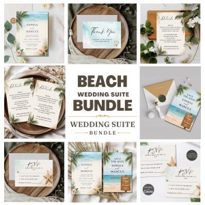 May include: A beach wedding suite bundle featuring multiple stationery items including wedding invitations, RSVP cards, save the date cards, and detail cards. The designs feature tropical palm leaves, ocean waves, sand, and starfish illustrations.
