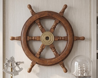 Decoración de pared con timón de barco de madera de 45 cm / Centro de latón, acento náutico marítimo.