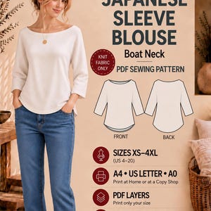 May include: A PDF sewing pattern for a Japanese sleeve blouse with a boat neck. The design features a white long-sleeve top, shown on a model with blue jeans. Includes front and back technical sketches, size range XS-4XL, and printing instructions for A4, US Letter, and A0 formats.