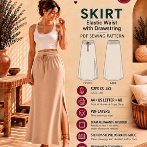 May include: A beige maxi skirt with an elastic waist and drawstring, featuring a side slit. The digital pattern includes front and back technical sketches, size range XS-4XL, and instructions for A4, US Letter, and A0 printing formats.