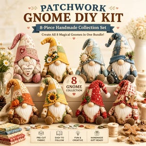 Puede incluir: Un kit de manualidades de gnomos de patchwork con 8 gnomos hechos a mano con diversos patrones de tela, incluyendo motivos florales, de cuadros y estacionales. Cada gnomo tiene un gorro largo, una nariz redonda y una barba blanca.